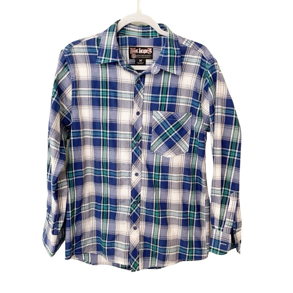 Blac Lacquer Men's Button Down Plaid Blue Green‎ Pocket Long Sleeve Size M
